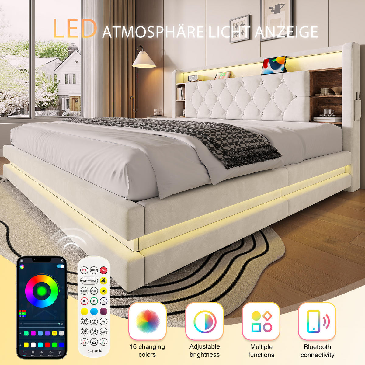 BOXBETT 180/200 mit LED/USB, Kopfteil-Regal & Hydraulik, Samt, Beige - Beige, Holz (180/200cm) - LVHOM