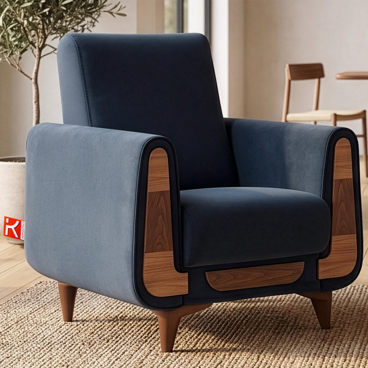 SESSEL GUSTAVO mit Armlehnen, blau - Blau/Braun, Holz/Holzwerkstoff (83/95/92cm) - KONSIMO®