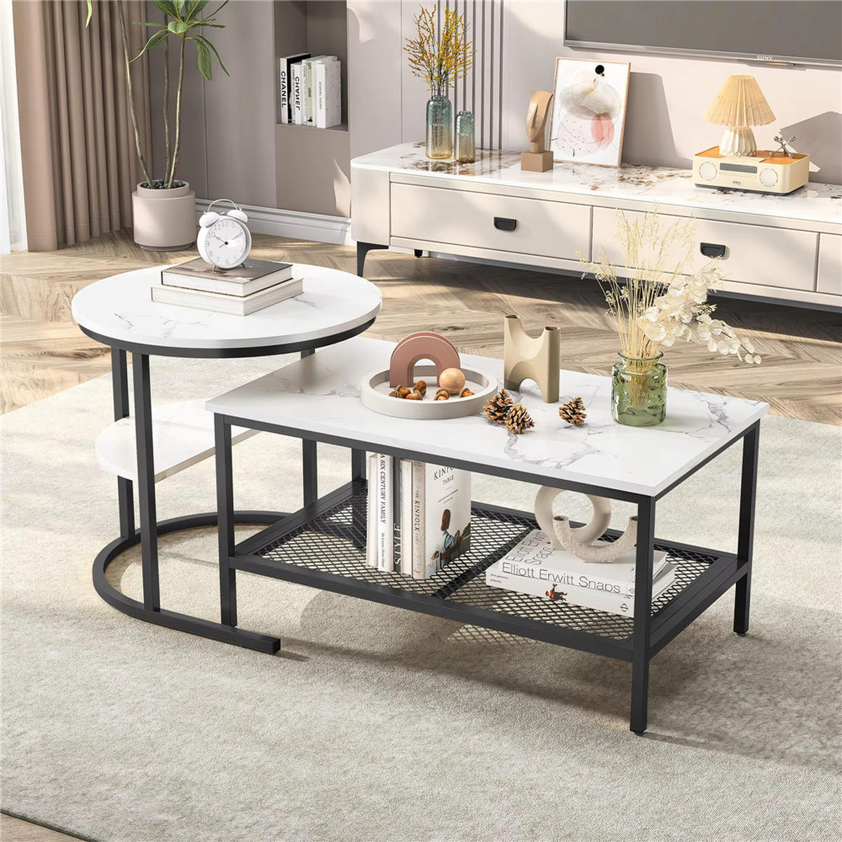 COUCHTISCH 2er-Set Marmoroptik mit Ablage Schwarz quadratisch - Schwarz, Metall (70/70/44.5cm) - Kaket