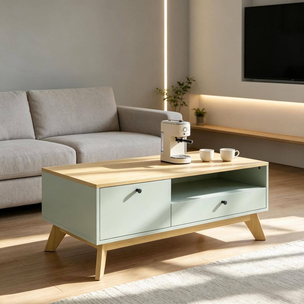 COUCHTISCH rechteckig Hellgrün/Eichenoptik mit Schublade - Eichefarben/Grün, Holzwerkstoff (100/50/40cm)