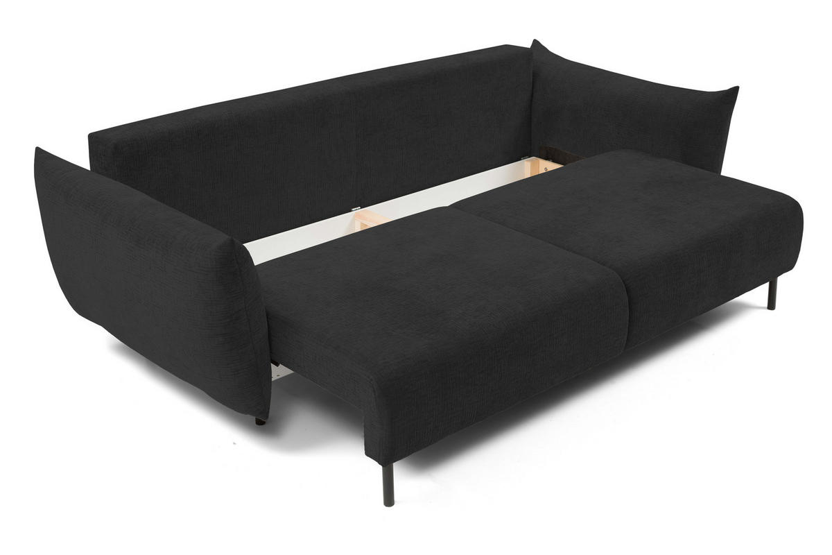 SOFA ADEL - Schlaffunktion Und Bettkasten, Wellenfederung, PUR-Schaum, Schwarze Metallfüße lose Rückenkissen, freistehend, 240x108x75 cm Dark grey - Dunkelgrau, Holz/Textil (240/75/108cm) - DomoHome