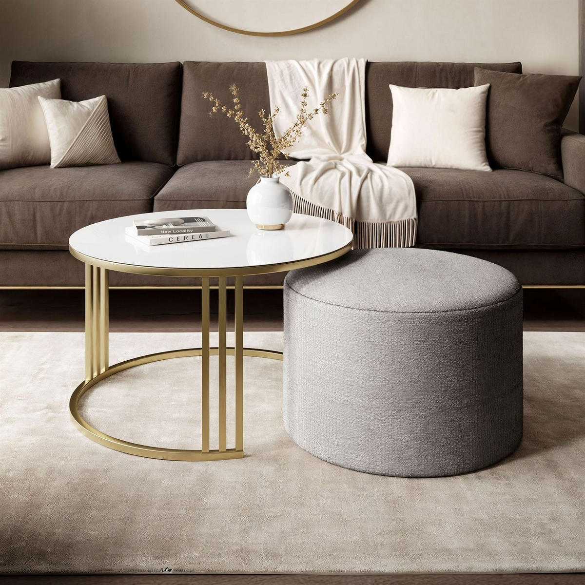 COUCHTISCH mit Hocker LORI GLASS gebürstetes Gold/weißes Glas/Perfect Harmony 82 - Weiß, Metall (70/70/49cm) - Lookway