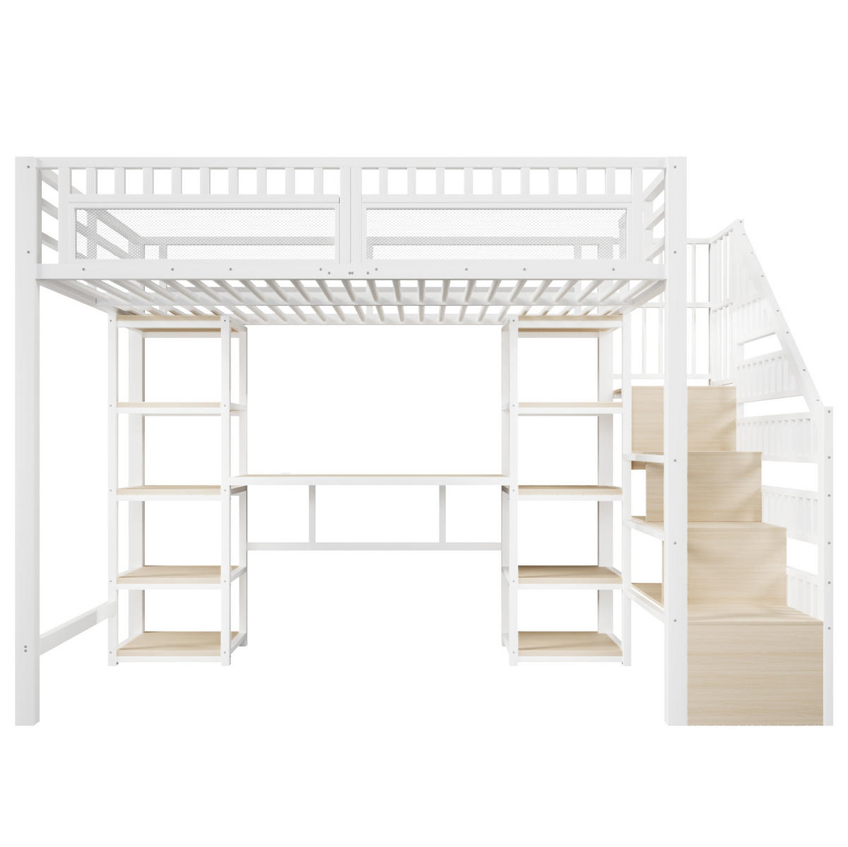 HOCHBETT aus Metall und MDF 140x200 cm Weiß mit Schreibtisch, Stauraumtreppe, LED-Beleuchtung und USB-Anschlüssen - Weiß, Metall (140/200cm) - IVMEU