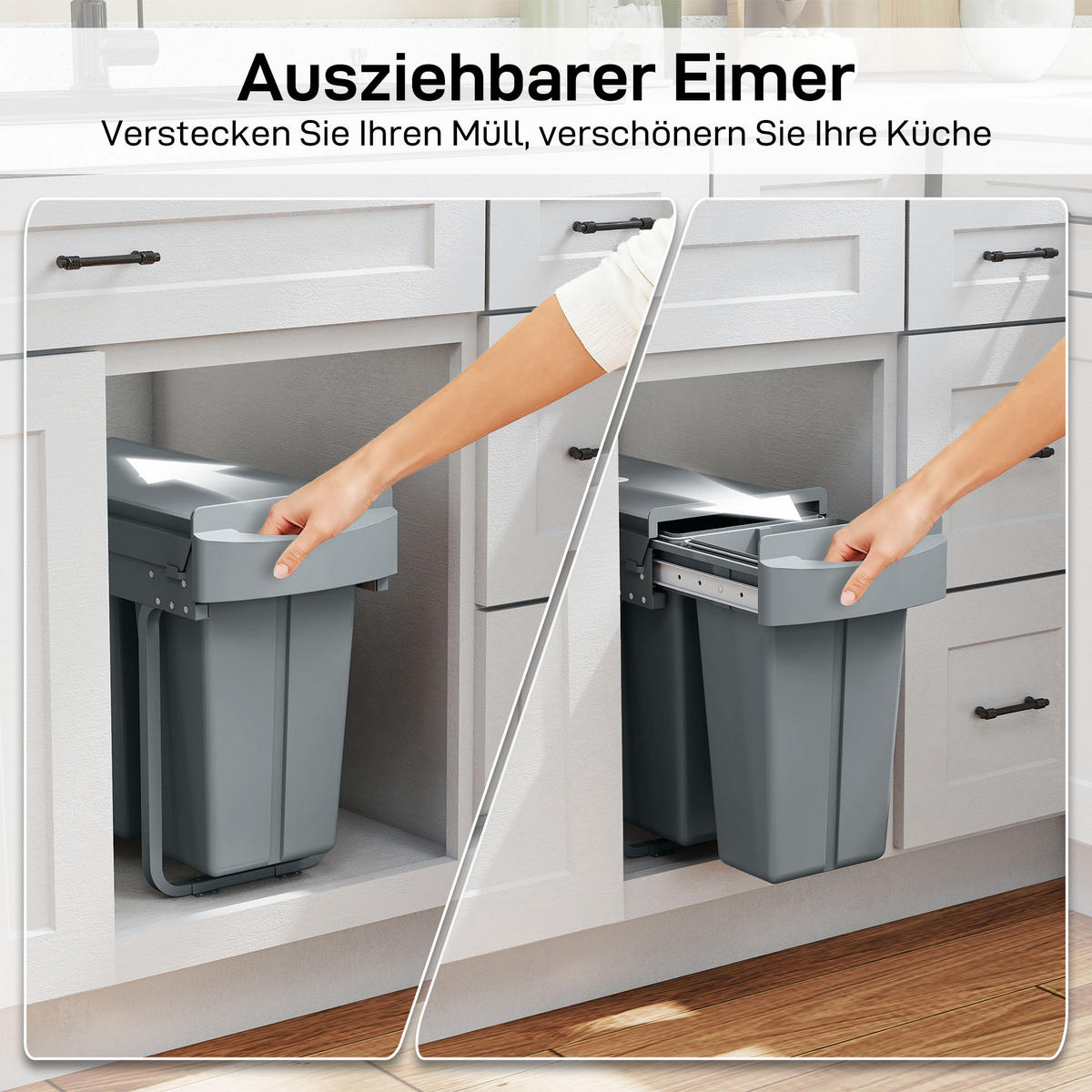 AUSZIEHBARER Mülleimer, Küchenmüllbehälter, Griff, 20 L+10 L, Grau - Grau, Kunststoff (26/40.8/52cm) - HOMCOM