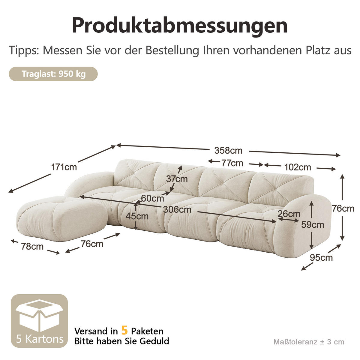 ECKSOFA 358/171/76 cm Hellbeige Chenille mit 1 Fußhocker, rutschfeste Unterseite - Beige, Textil (358/171cm) - Oxeza