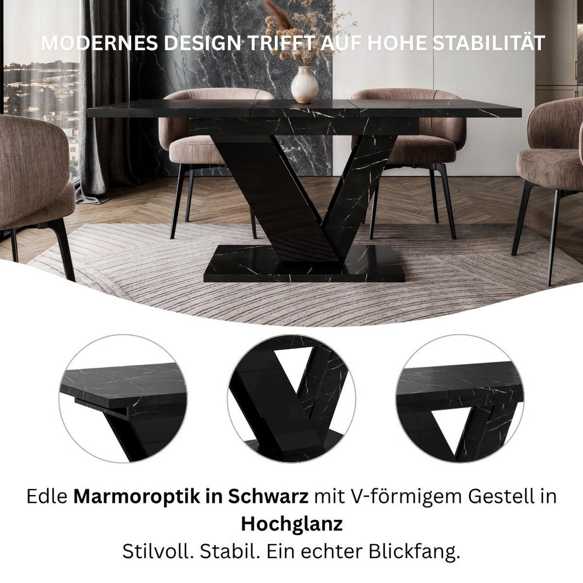 ESSTISCH Royal Schwarz Marmoptik Ausziehbar 120 - 160 cm - Schwarz, Holzwerkstoff (120/80/76cm) - PROSPERO