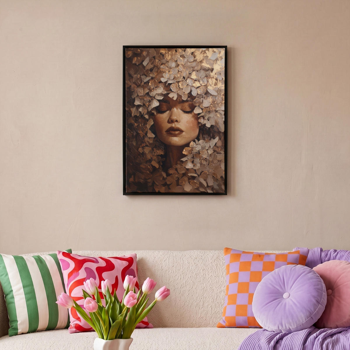LEINWAND Bilder mit Rahmen - Gesicht - Dame - Blätter - Pinselstriche - 40x60 - Goldfarben, Textil (40/60cm) - MuchoWow