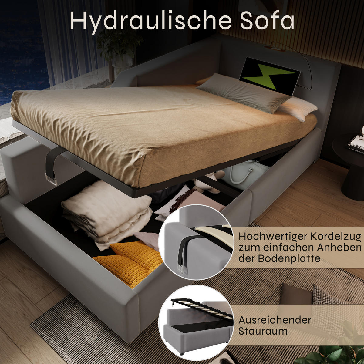 POLSTERBETT aus Samt 90x200 cm in Grau mit Stauraum, USB-C & Leselampe - Grau, Textil (90/200cm) - Modfu