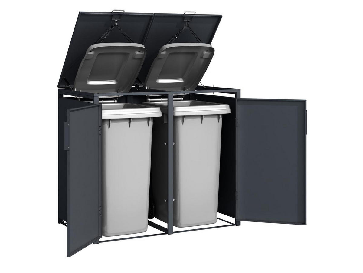 MÜLLTONNENBOX Anthrazit 2er mit Gasdruckfeder-Deckel 132/80/116 cm - Grau, Kunststoff (80/175/120cm) - Plats Outdoor solution