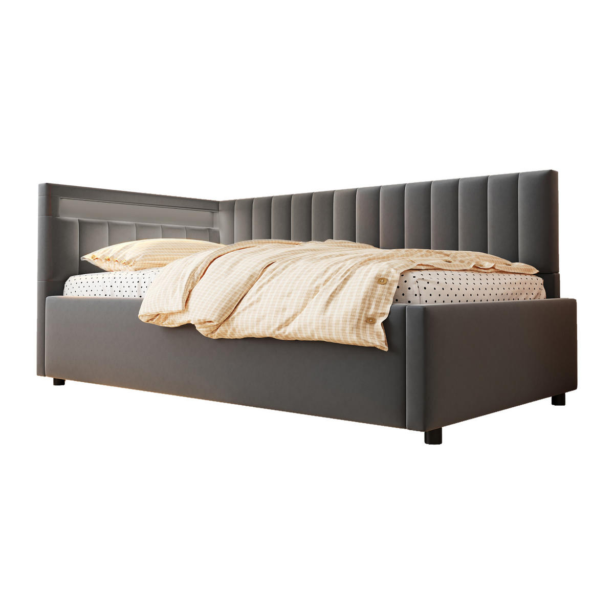 POLSTERBETT 90/200 cm grau aus Samtstoff mit LED und Stauraum - Grau, Textil (90/200cm) - OKWISH