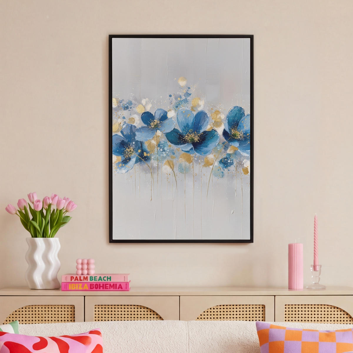 LEINWAND Bilder mit Rahmen - Blumen - Blau - Abstrakt - 60x90 - Hellgrau, Textil (60/90cm) - MuchoWow