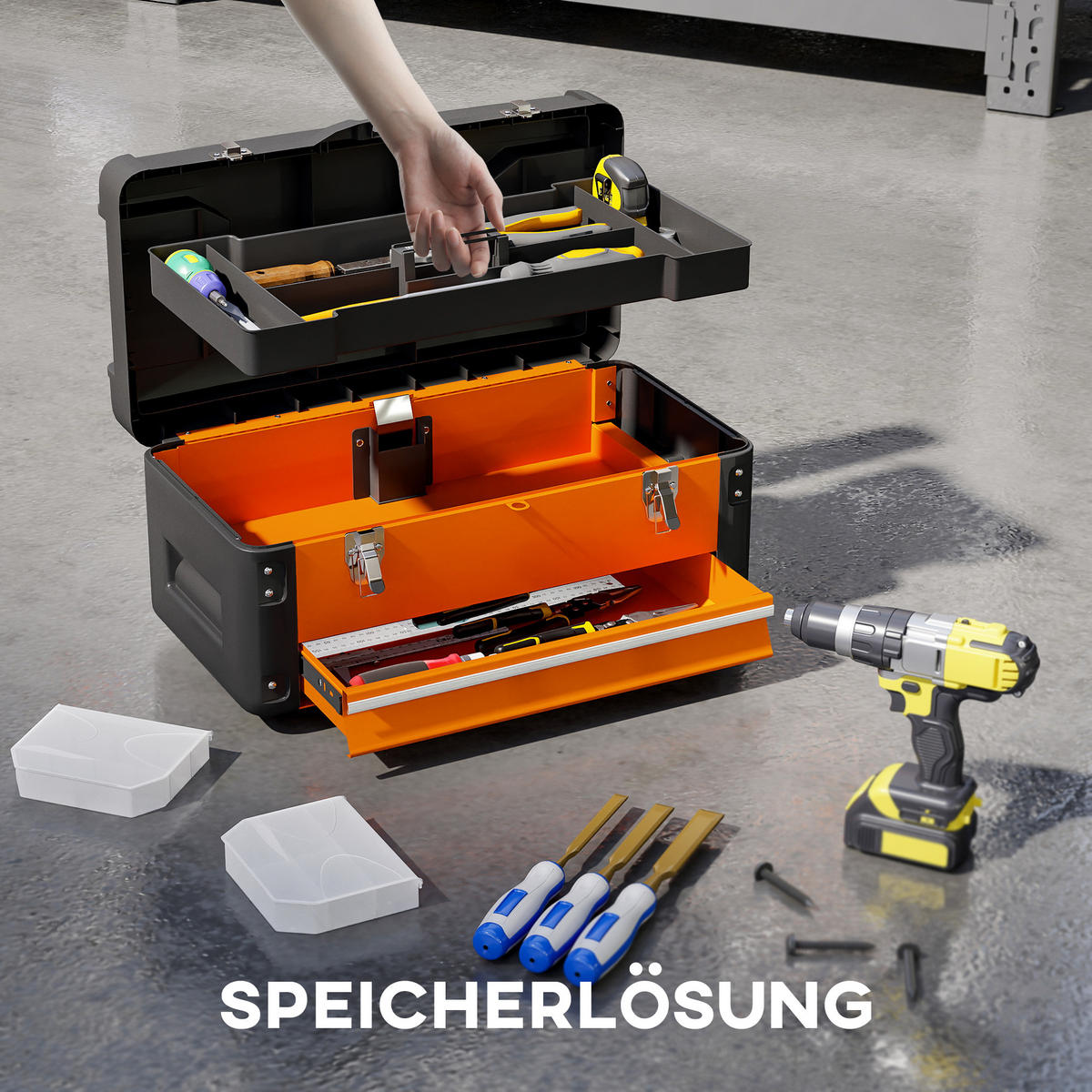 WERKZEUGKISTE leer, 49,7 x 25,3 x 23 cm aus Stahl, Orange - Orange, Metall (49.7/23/25.3cm) - HOMCOM