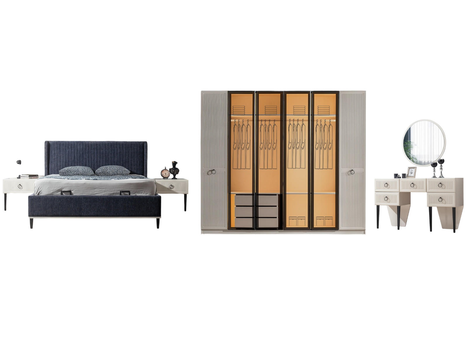 BETTANLAGE SAVANA Schlafzimmer-Set, 5-teilig, Schwarz, Bett mit Kopfteil, 2 Nachttische, Kleiderschrank und Kommode - Schwarz, Holzwerkstoff (160/200cm)