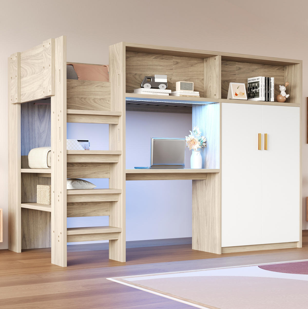 HOCHBETT aus MDF, Spanplatte und Sperrholz 90x200 cm Holzfarbe mit Schreibtisch, Kleiderschrank, Regal und LED-Beleuchtung - Naturfarben, Holzwerkstoff (90/200cm) - Modfu