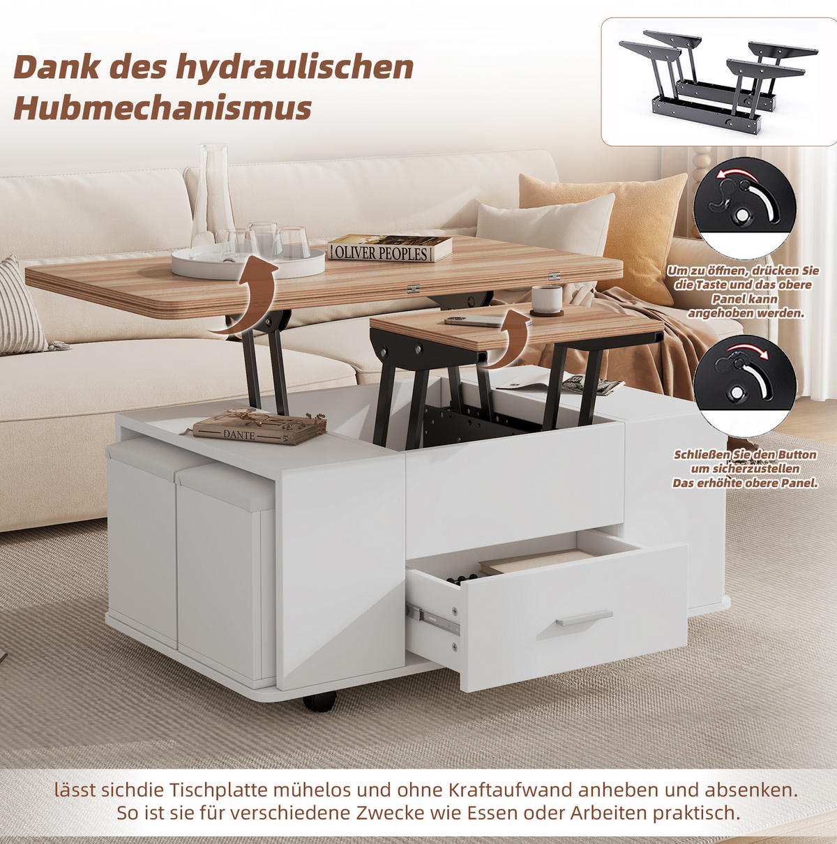 COUCHTISCH 100/50 cm höhenverstellbar mit Stauraum und 4 Hockern - Weiß, Holzwerkstoff (100/50/45cm) - Flora Grace