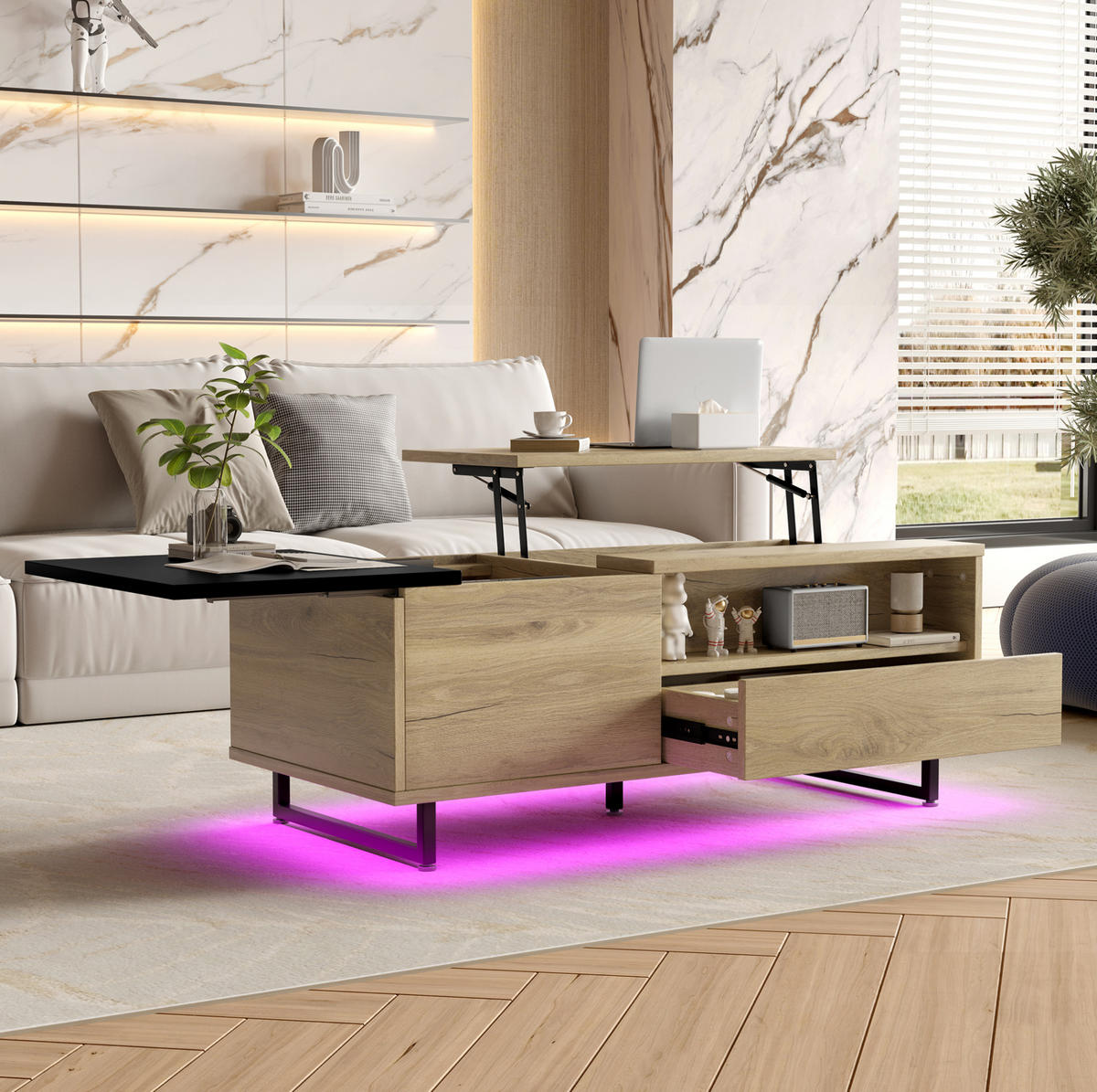 COUCHTISCH 103,5/50/27,5 cm mit Lift-Top und LED-Beleuchtung in Natur/Schwarz - Naturfarben, Holzwerkstoff (103.5/50/27.5cm) - Flora Grace