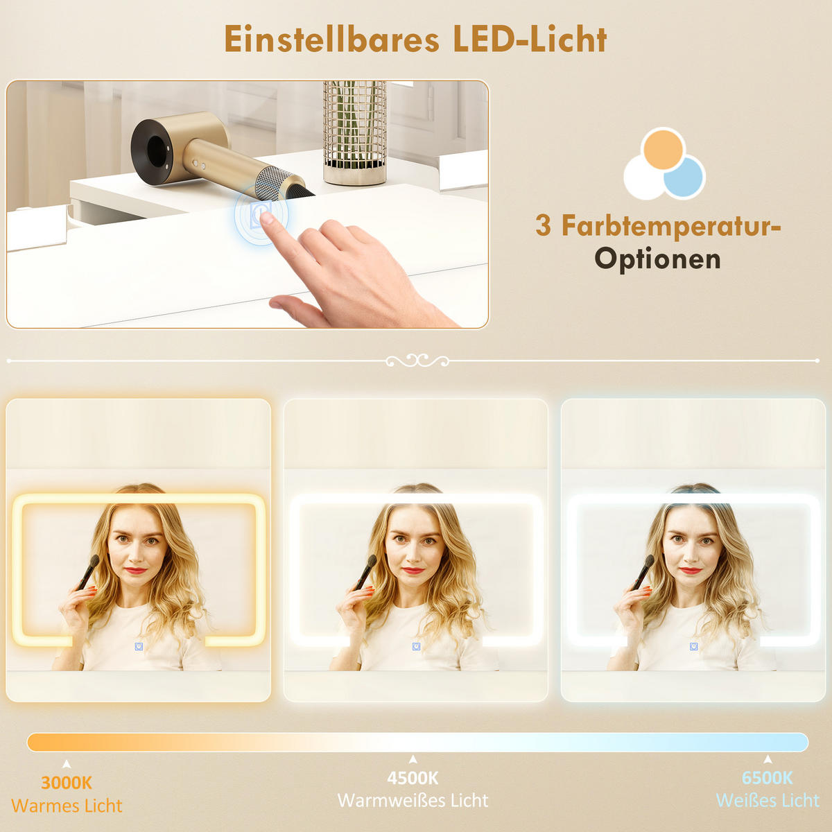 SCHMINKTISCH mit LED-Leuchte 3 Lichtfarben Spiegel Steckdose Weiß - Weiß, Holzwerkstoff (78/135/118cm) - HOMCOM