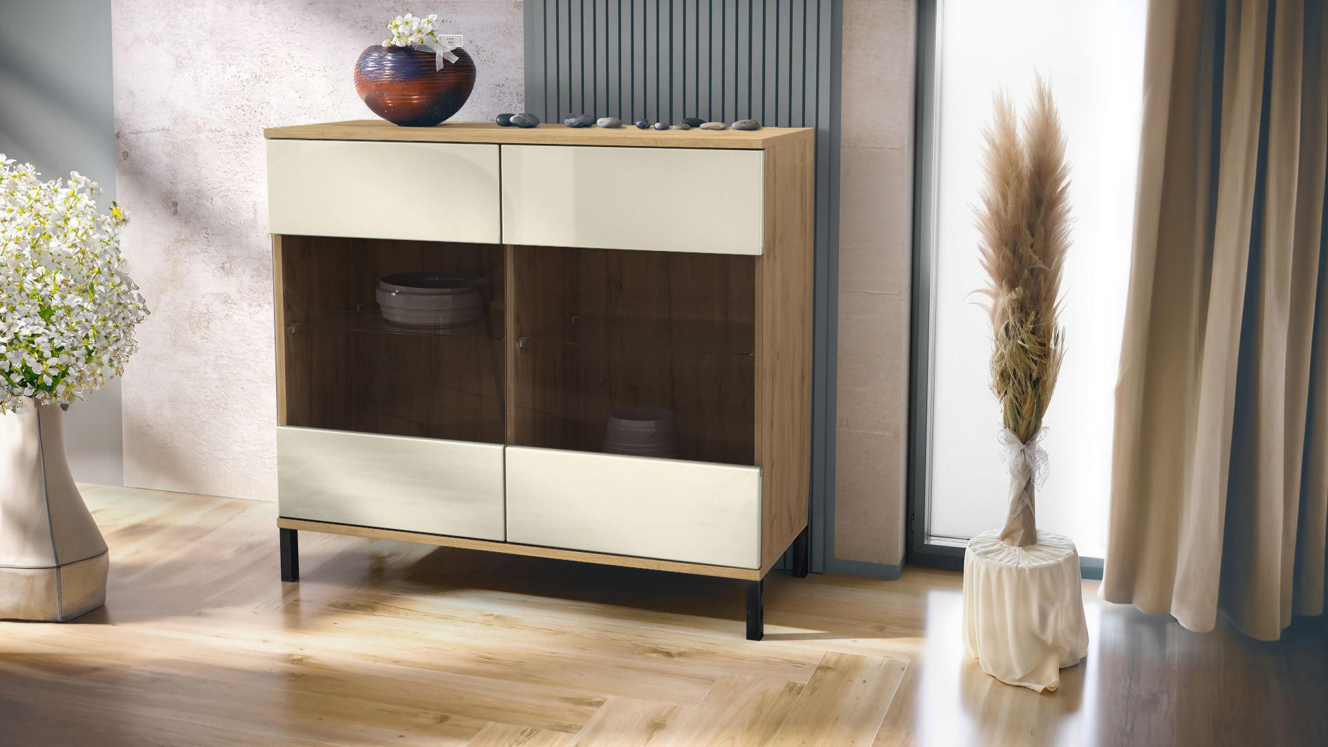 KOMMODE Bari Creme Hochglanz - Creme, Holzwerkstoff (92.5/83.5/35cm) - Vladon