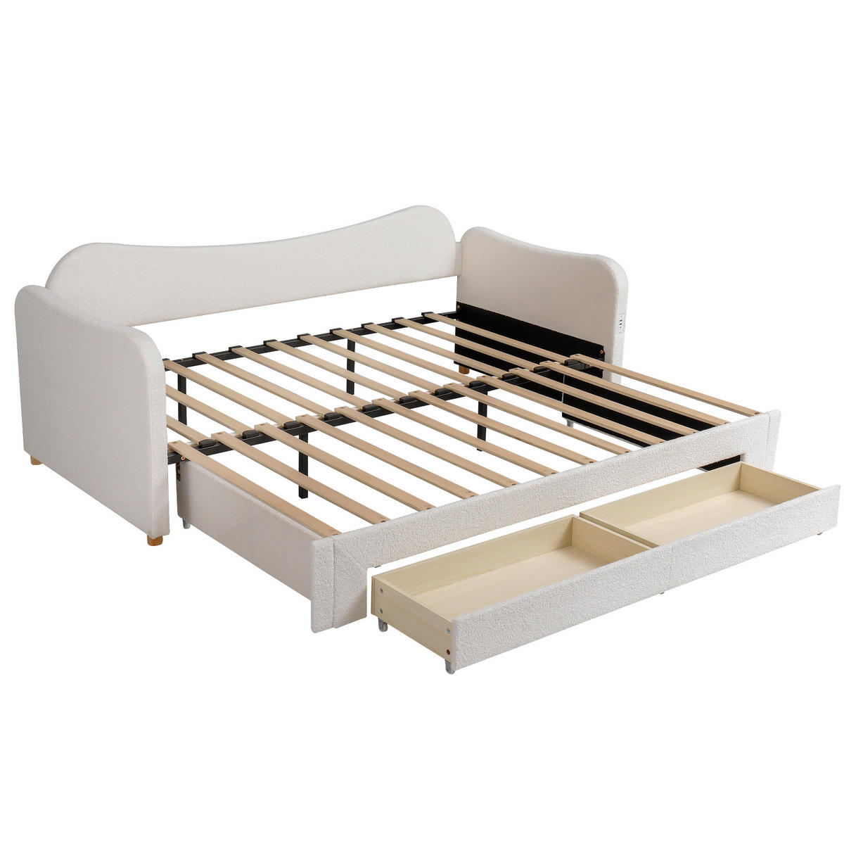 POLSTERBETT 90/200 cm ausziehbar auf 180/200 cm mit 2 Schubladen, USB- und USB-C-Anschluss, Bouclé, Beige - Beige, Textil (90/200cm) - Redom