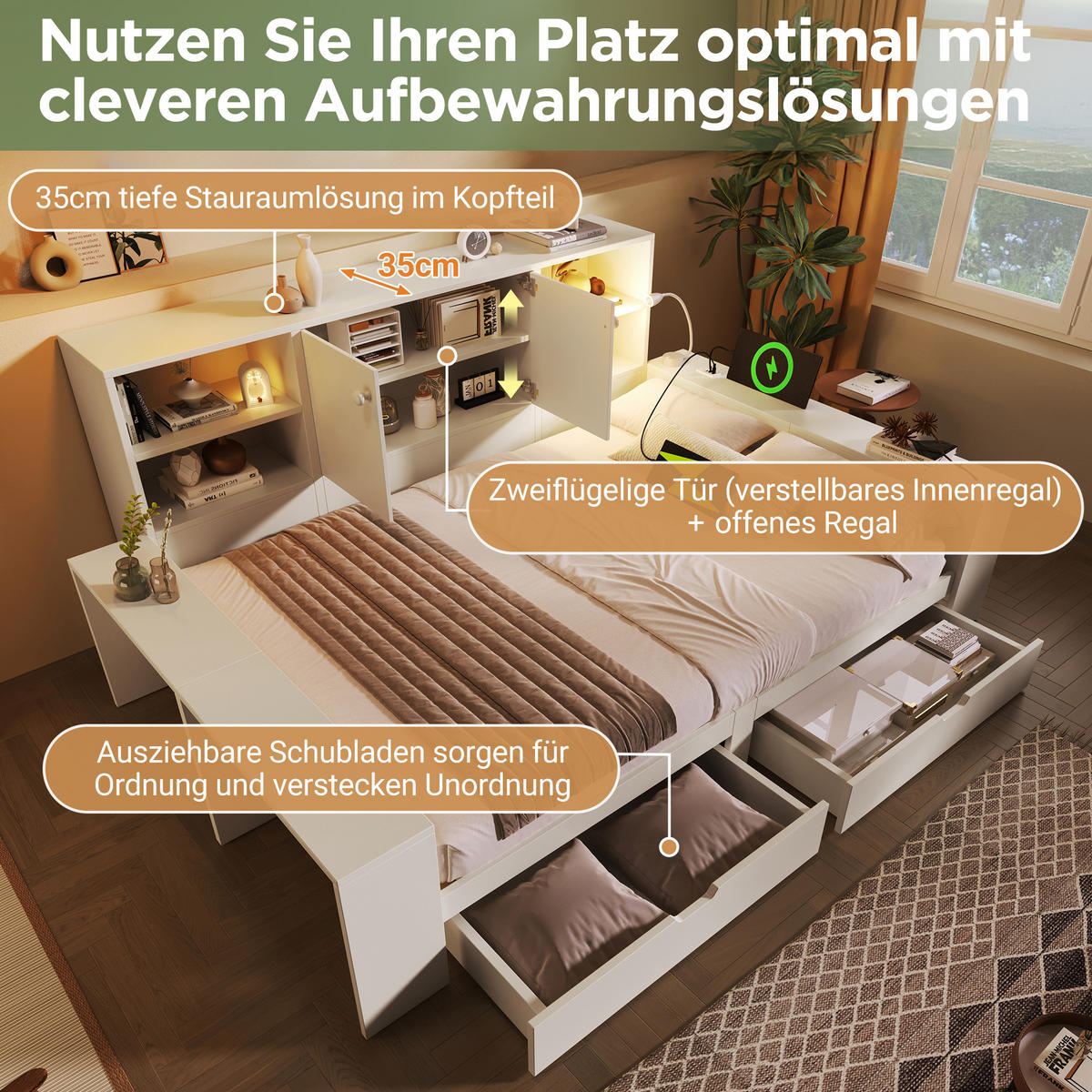 BETT 140/200 cm in Weiß mit 2 Schubladen, Stauraum, USB, Type-C und Leselampe Holz Design - Weiß, Holzwerkstoff (140/200cm) - STILVORA