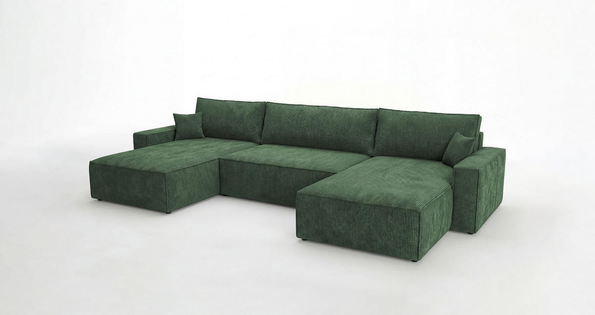 SEDACÍ souprava VIENNA tvar U zelená manšestr Poso 14 - funkce spaní, úložný prostor - zelená barva, textil (385/86/185cm) - Cornero