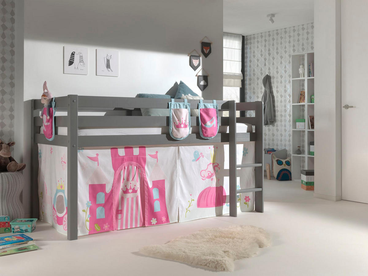 KINDERBETT Karolina 210x114x106 Massivholz Grau Textilset Princess 3 - Magenta/Grau, Holz (90/200cm) - 58aufmkessel