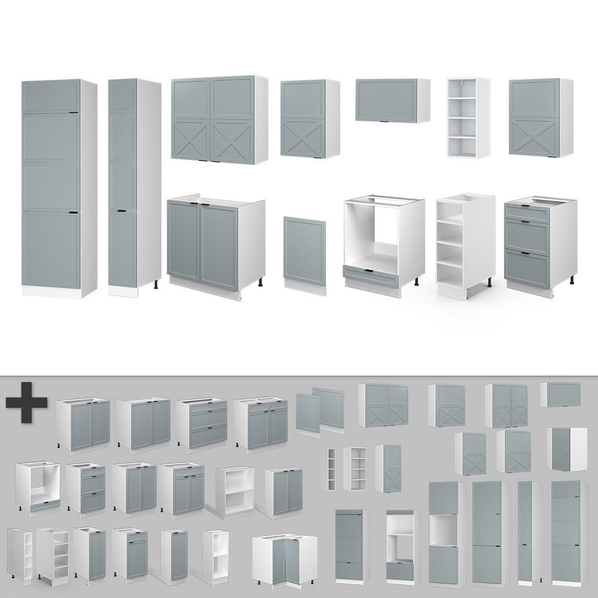 KÜCHENZEILE Fame-Line Hellblau-grau/Weiß 355 cm ohne AP - Weiß/Hellblau, Holzwerkstoff (355/81.6/46cm) - Vicco