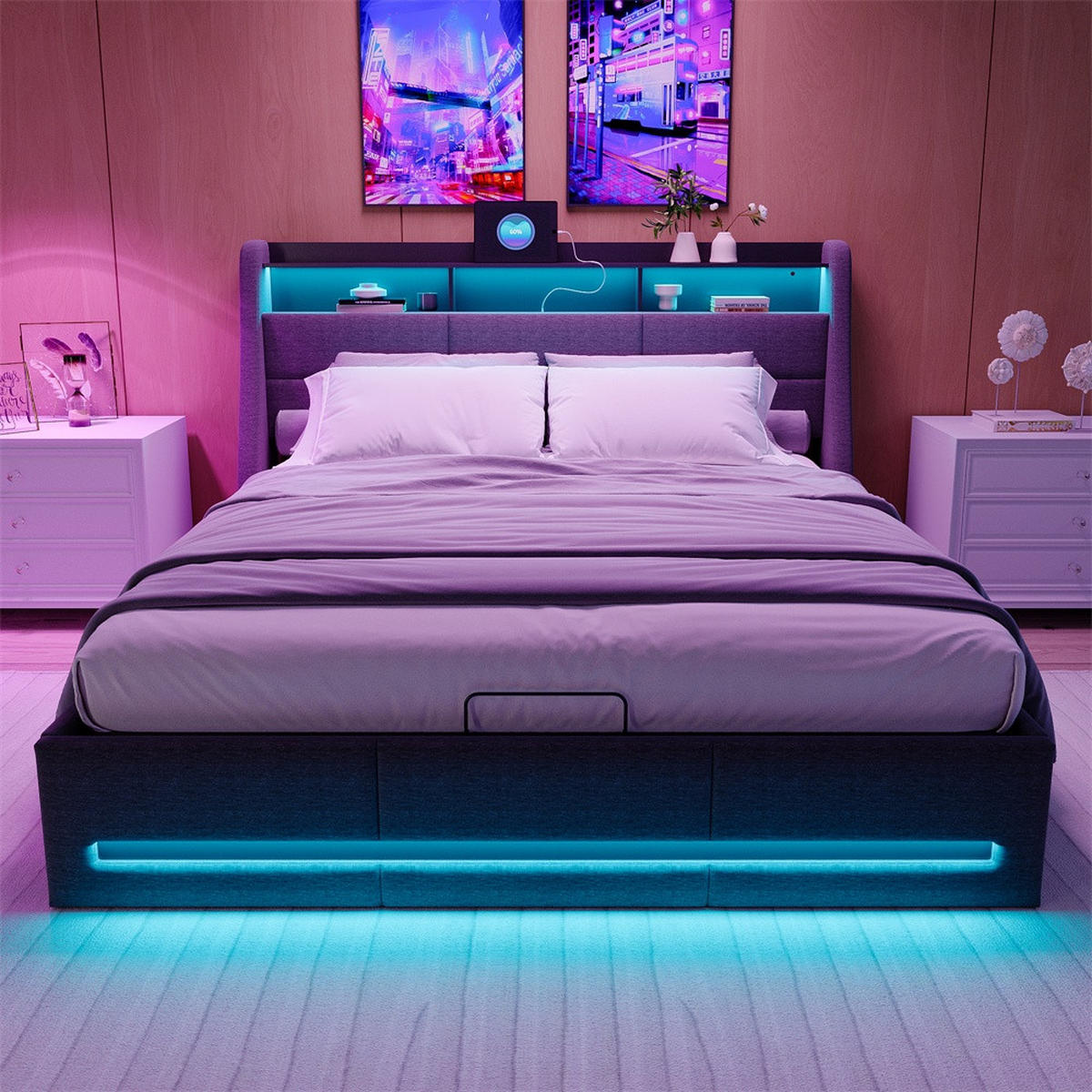 POLSTERBETT 160x200 cm - mit LED-Beleuchtung (Kopf- & Fußteil), USB-Ladefunktion und hydraulischem Bettkasten - Grau - Grau, Textil (160/200cm) - DELFA