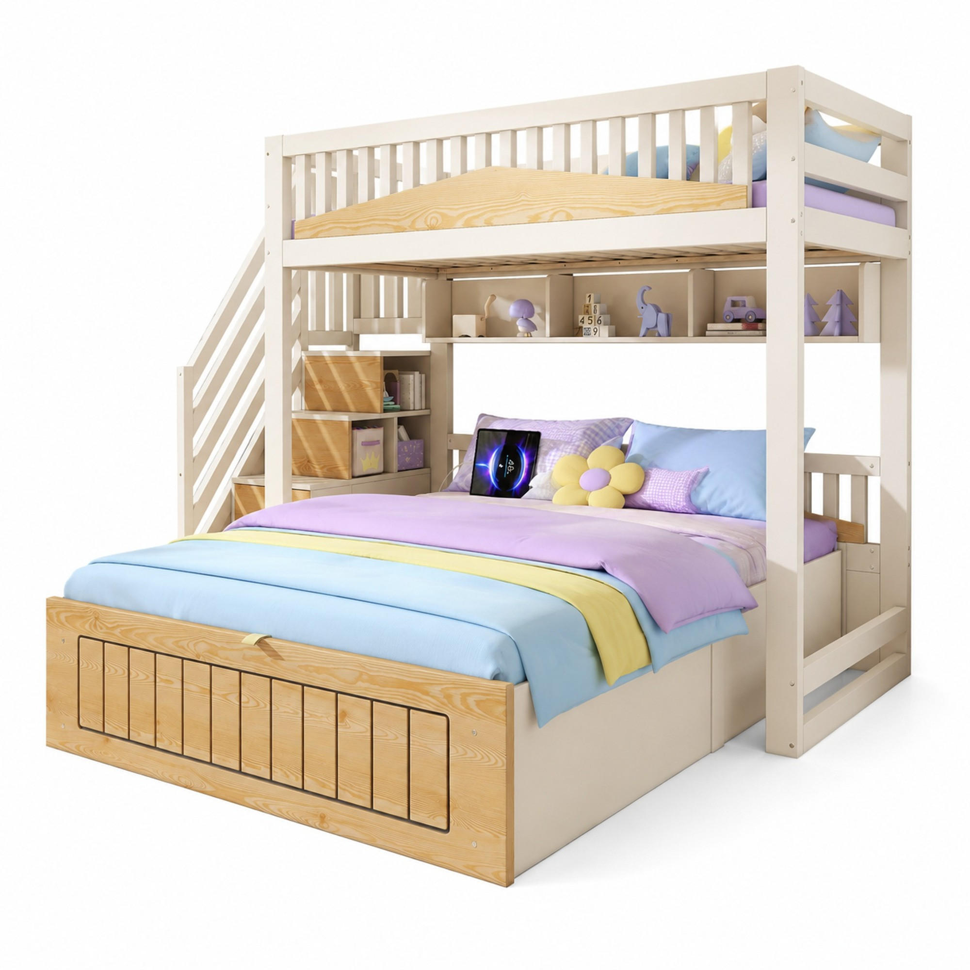 ETAGENBETT 90/200+140/200 mit Treppenschrank, Stauraum und USB-C in Weiß und Natur - Weiß/Naturfarben, Holz/Holzwerkstoff (140/200cm) - EVRYAE