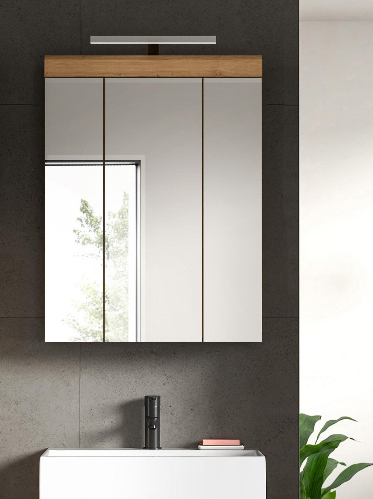 SPIEGELSCHRANK Salbei grün, Eiche Artisan 60 cm, Badschrank 3-türig - Eiche Artisan, Glas/Holzwerkstoff (60/79/18cm) - Inn.Furn