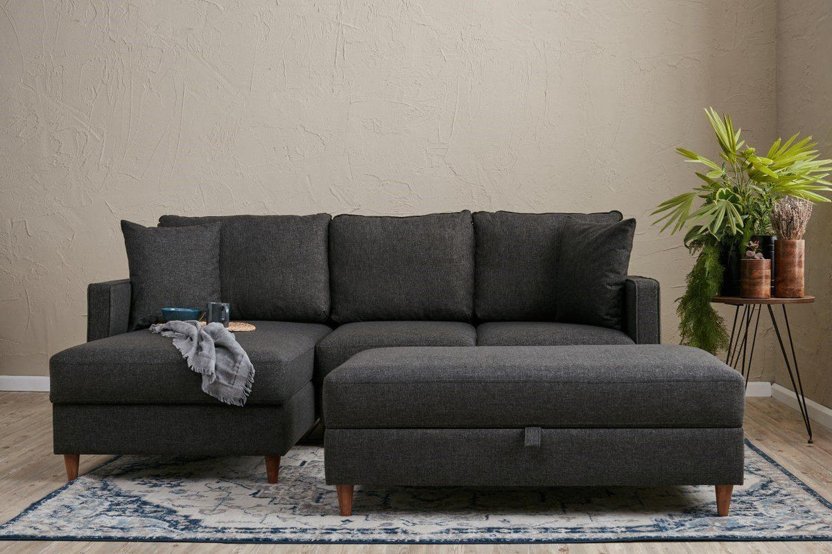 ECKSOFA mit Hocker, Schlaffläche - Anthrazit/Walnussfarben, Holz/Kunststoff (210/155cm) - myHomelando