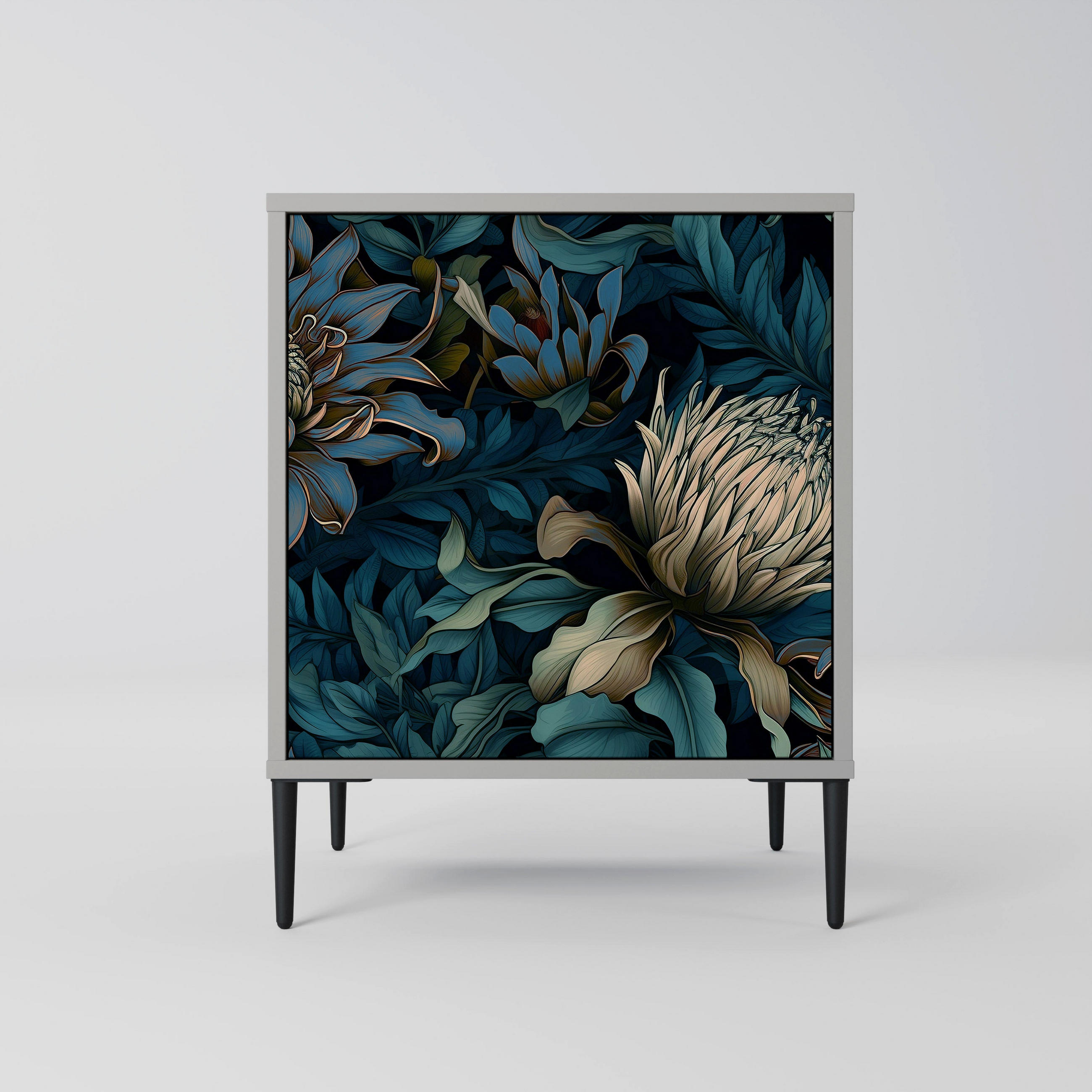 SIDEBOARD TWILIGHT BLOOM, Grau, 57,5x42x72,5 cm, Schwarze Metallfüße - Multicolor/Schwarz, Holzwerkstoff/Metall (57.5/72.5/42cm) - SpaceRebels
