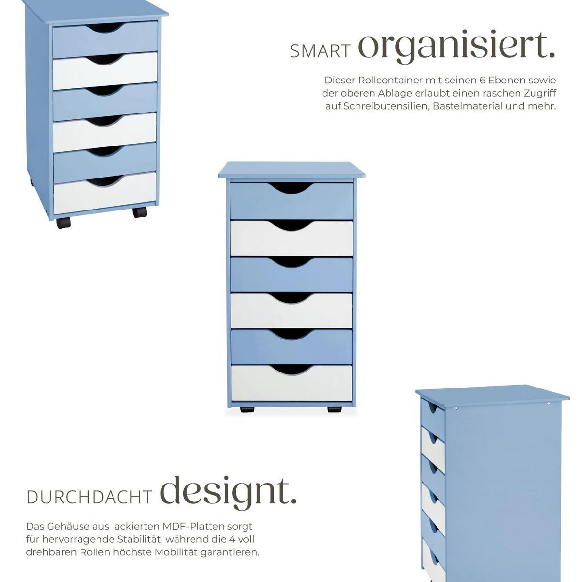 ROLLCONTAINER ,einfache Montage, 36 x 40 x 65 cm,blau - Blau, Holz (40/65/36cm) - tectake