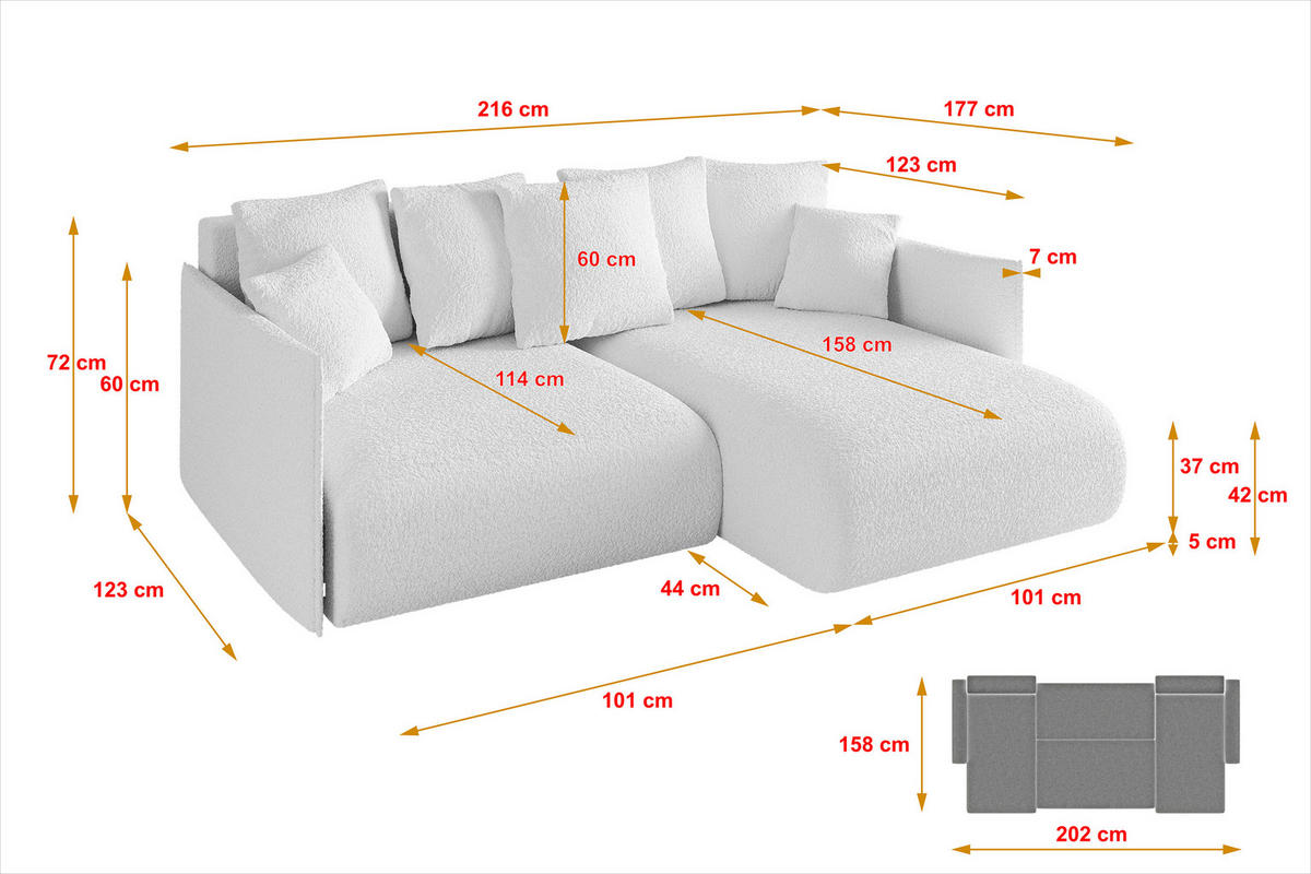 ECKSOFA Ottomane rechts ONESK-L 216x177x72 Weiß Bouclé - Weiß, Holzwerkstoff/Kunststoff (177/216cm) - ALTDECOR