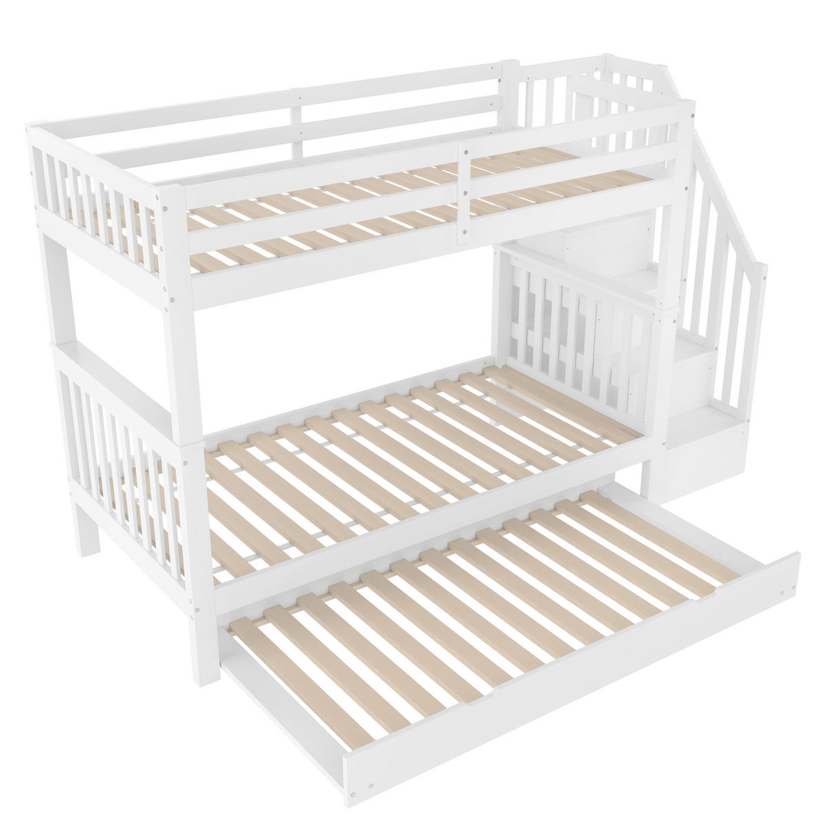 ETAGENBETT 90/200 cm Weiß aus Kiefer und MDF mit Ausziehbett und Treppenregal - Weiß, Holzwerkstoff (90/200cm) - OKWISH