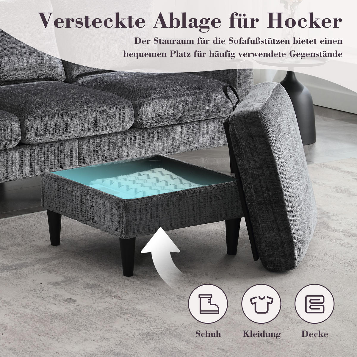 SITZGARNITUR 4-SITZER Chenille Grau mit Stauraum - Grau, Holzwerkstoff/Kunststoff (196.5/77/75cm) - WISHDOR
