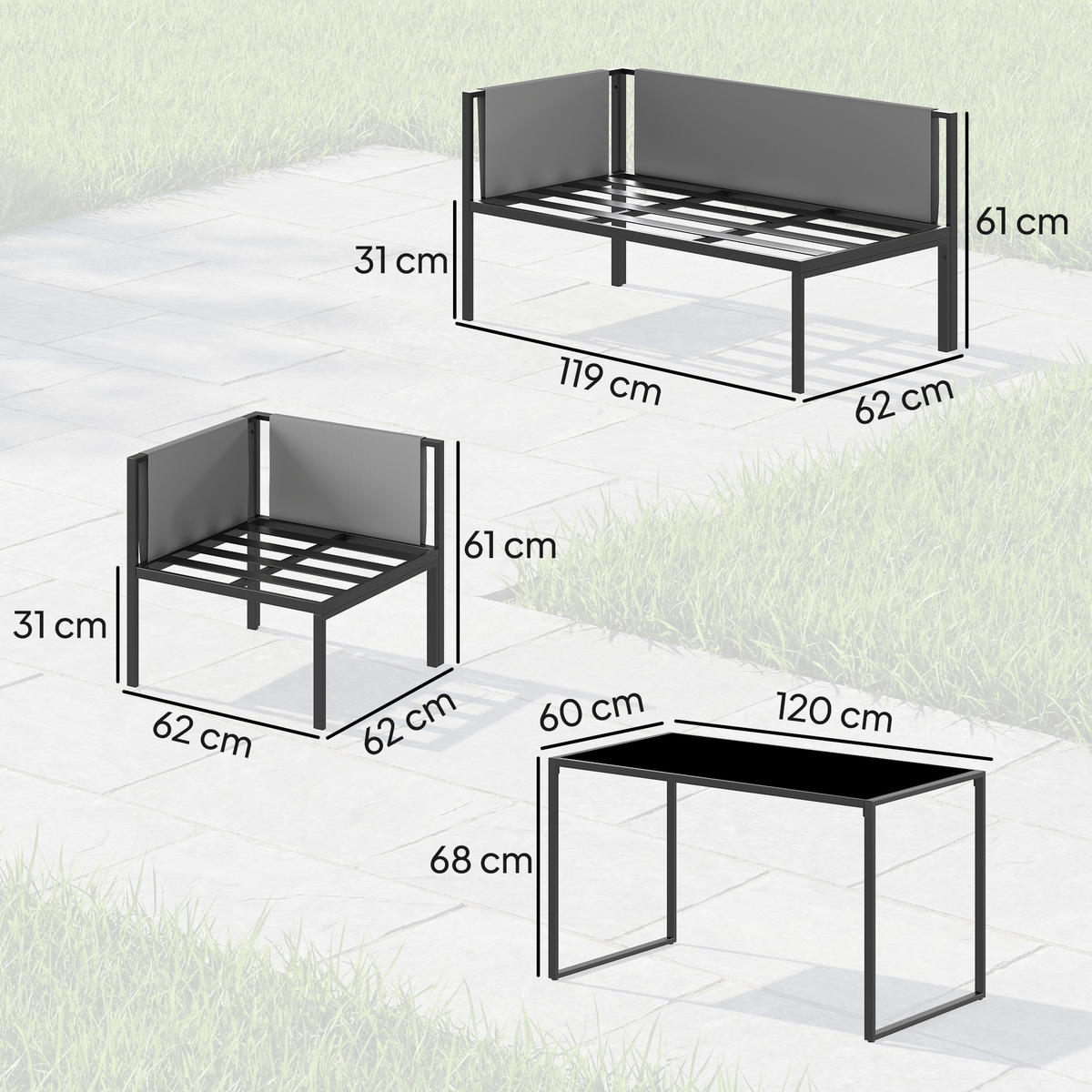 GARTENSET DE-13519 6-teilig mit Tisch & 2 Hockern Grau - Grau, Metall - ComfortXL