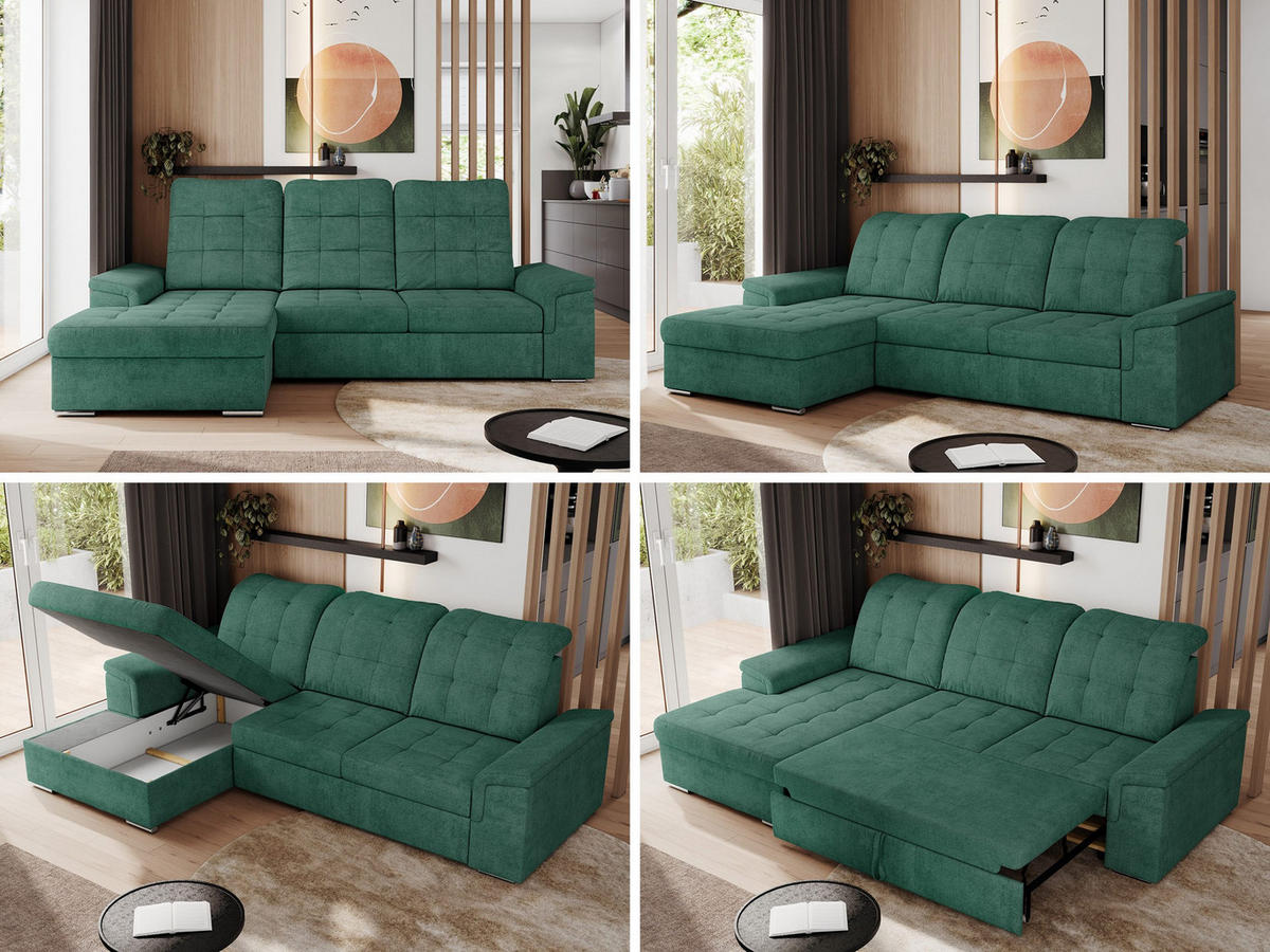 ECKSOFA MADRITO L - Grün Struktur - Links - Silberfarben/Grün, Textil/Metall (160/256cm)