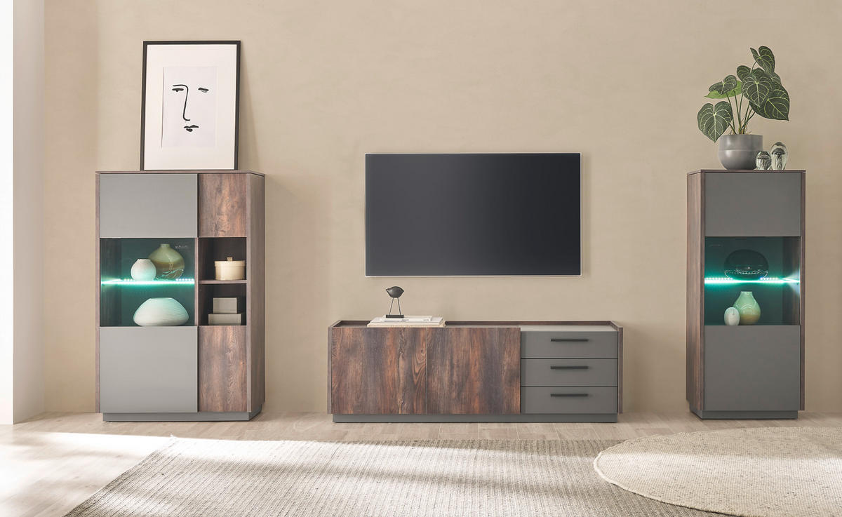 WOHNWAND Thermo Eiche, grau, Wohnkombination 3-teilig 327 cm mit Soft-Close - Eichefarben/Grau, Holzwerkstoff/Metall (327/130/45cm) - Furn.Design