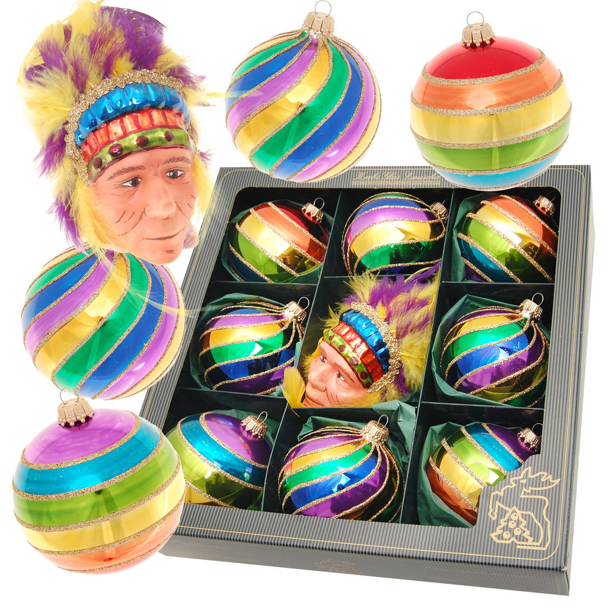 CHRISTBAUMSCHMUCK Sortiment Indigener Kopf Mehrfarbig 8cm (Glas / 9 Stk.) - Multicolor, Glas (8/8/4cm) - Krebs Glas Lauscha