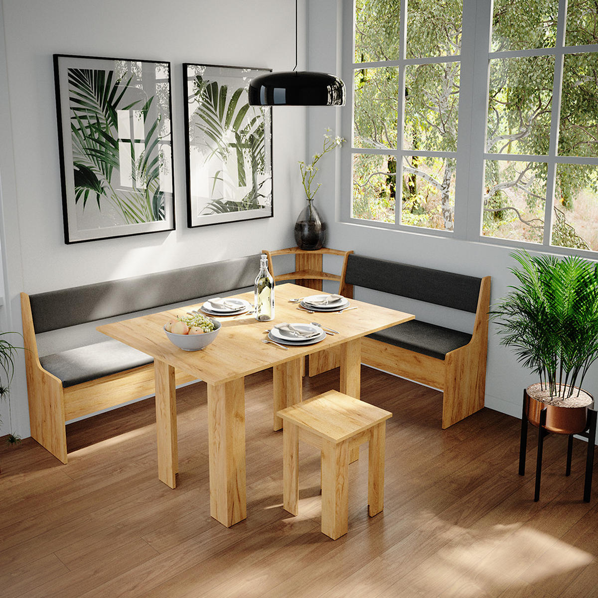 ECKBANKGRUPPE Roman Goldkraft Eiche 210 x 41.5 cm mit Tisch - Anthrazit/Eiche Wotan, Holzwerkstoff (210/80/150cm) - Vicco