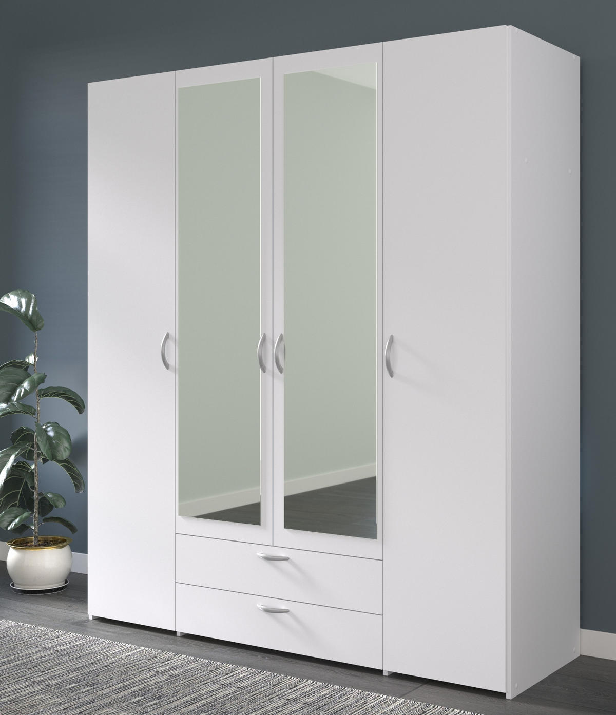 KLEIDERSCHRANK mit Spiegel weiß 160 cm Drehtürenschrank 4-türig - Silberfarben/Weiß, Holzwerkstoff/Kunststoff (160/185/185cm) - Furn.Design