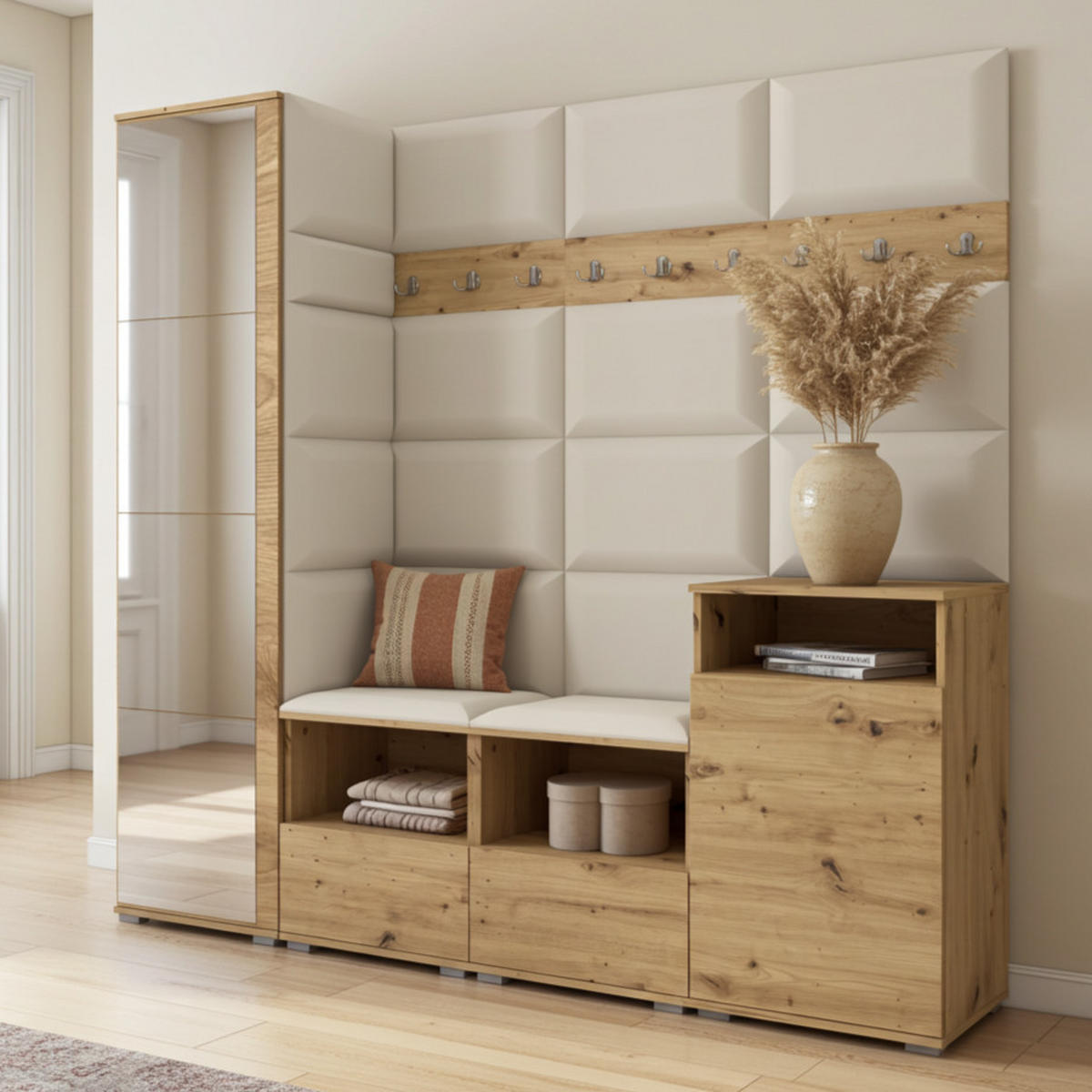 GARDEROBE NELA X 200 cm (Modulare Flurmöbel Artisan Eiche mit Spiegel & Sitzpolster Creme 01 Schrank + Sideboard) - Silberfarben/Creme, Holz/Holzwerkstoff (200/187/40cm) - Ravio