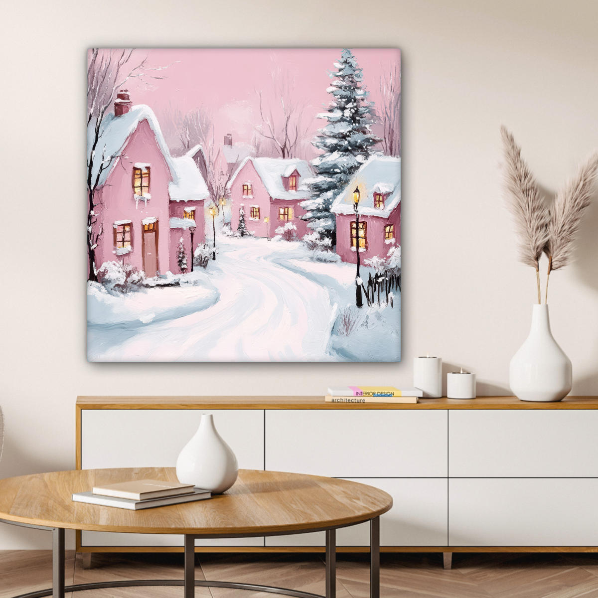 LEINWANDBILD Weihnachtsdorf - Rosa - Winter - Schnee - Häuser 90x90 cm - Altrosa, Textil (90/90cm) - MuchoWow
