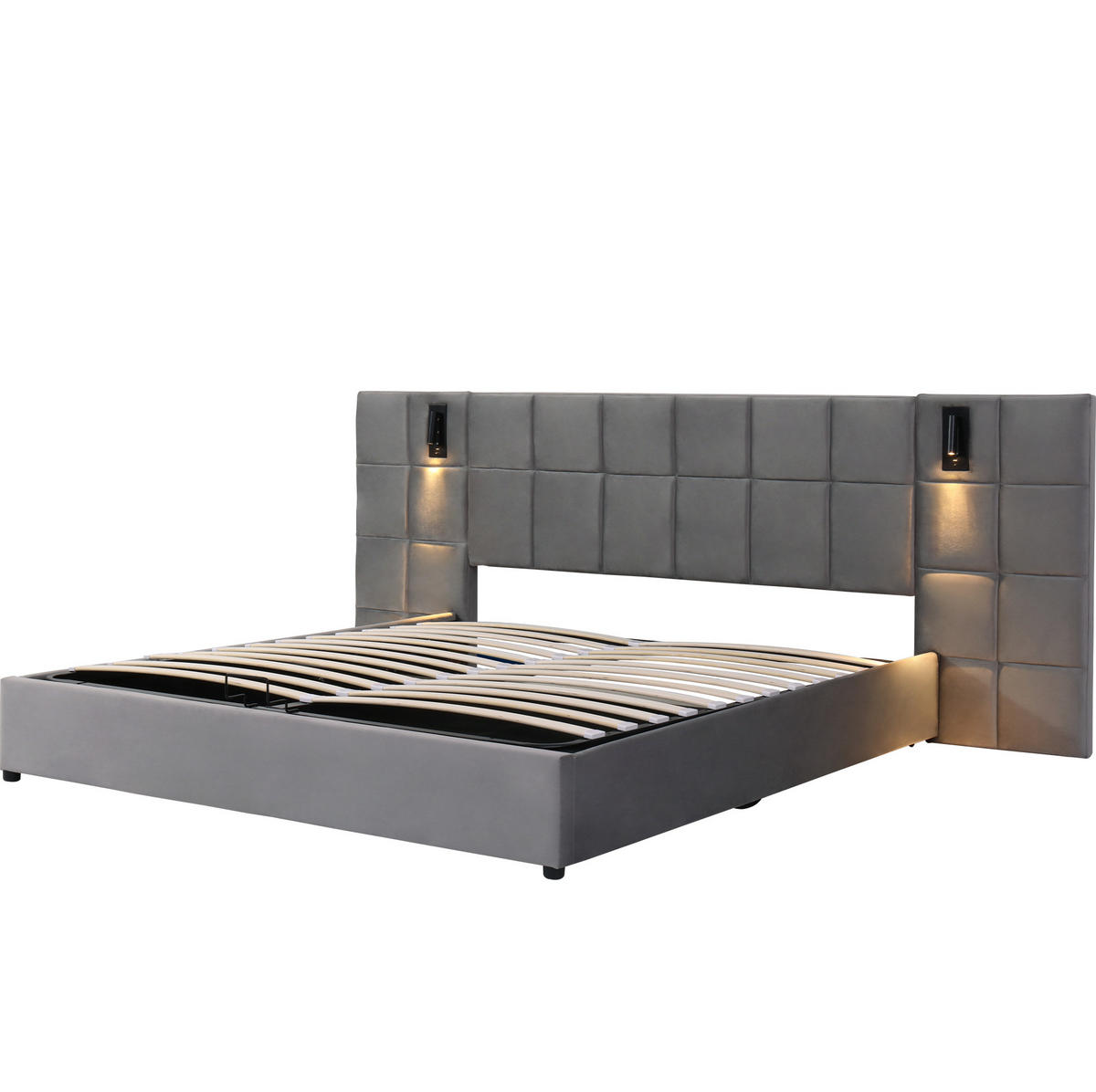 POLSTERBETT 160/200 cm mit hydraulischem Bettkasten, LED-Leselicht & USB, Grau - Grau, Metall (160/200cm) - Redom