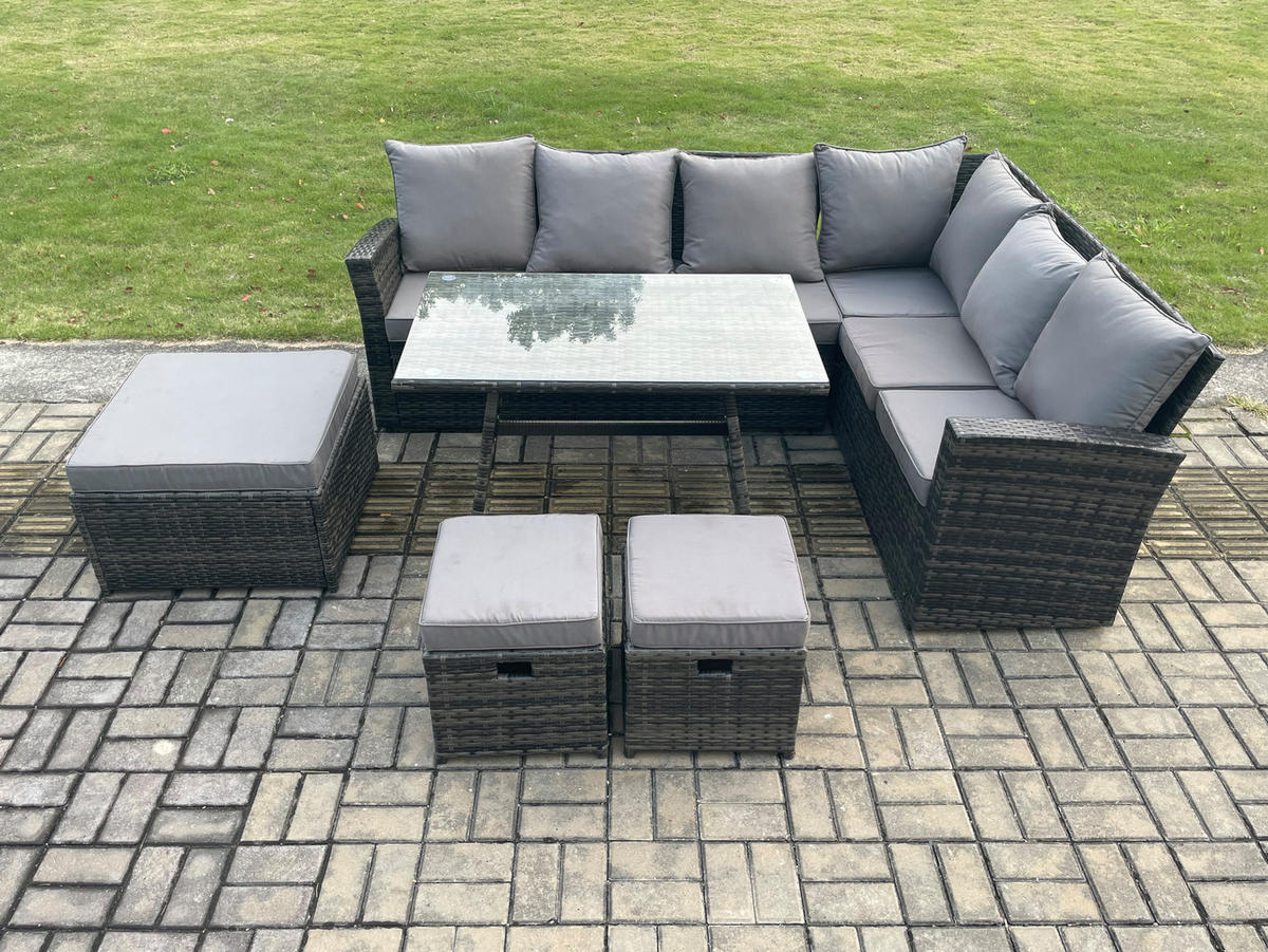 GARTENSOFA SET Hohe Rückenlehne Polyrattan Dunkelgrauer Mix 6-Sitzer - Dunkelgrau/Grau, Glas/Kunststoff - Fimous
