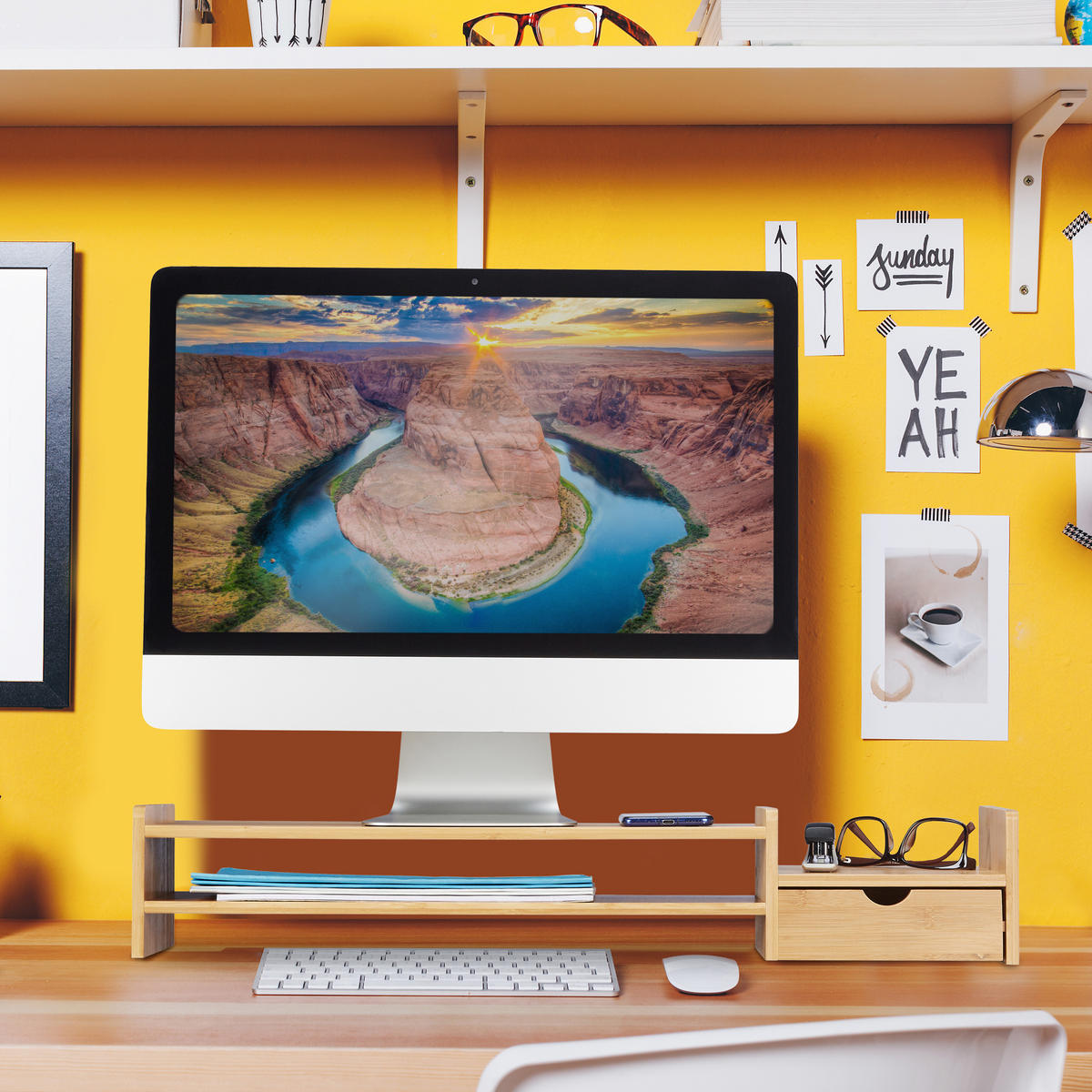 MONITORSTÄNDER Natur Bambus mit Schublade 70 cm - Hellbraun, Holz (19/70/12cm) - Relaxdays