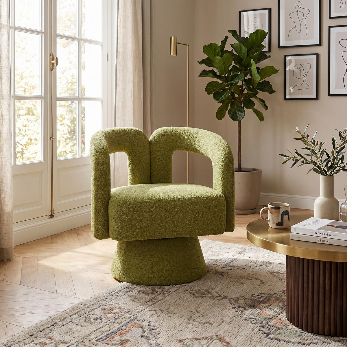 FOTOLIU Scaun rotativ la 360°, scaun tapițat cu structură Boucle - măsliniu, material textil (67/74/55cm) - Urban Meuble
