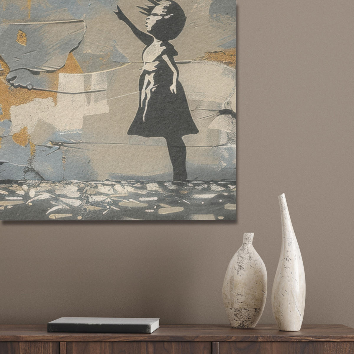 AKUSTIKPANEEL Baum - Graffiti - Banksy-Stil - Ballon-Mädchen 90x90 cm - Blaugrau, Textil (90/0.9/90cm) - MuchoWow