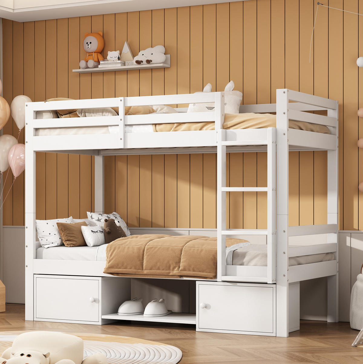 ETAGENBETT 90/200 cm Weiß mit Schuhregalen und Schließfächern aus Massivholz - Weiß, Holzwerkstoff (90/200cm) - OKWISH